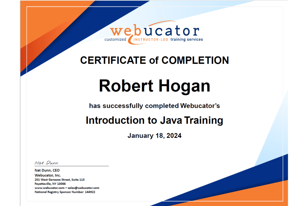 Certificate of completion Webucator Introduction to Java Training.