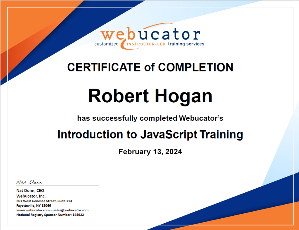 Certificate of completion Webucator Introduction to JavaScript Training.