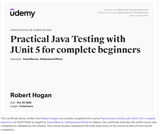 Certificate of completion Udemy Practical Java Testing with JUnit 5 for complete beginners.